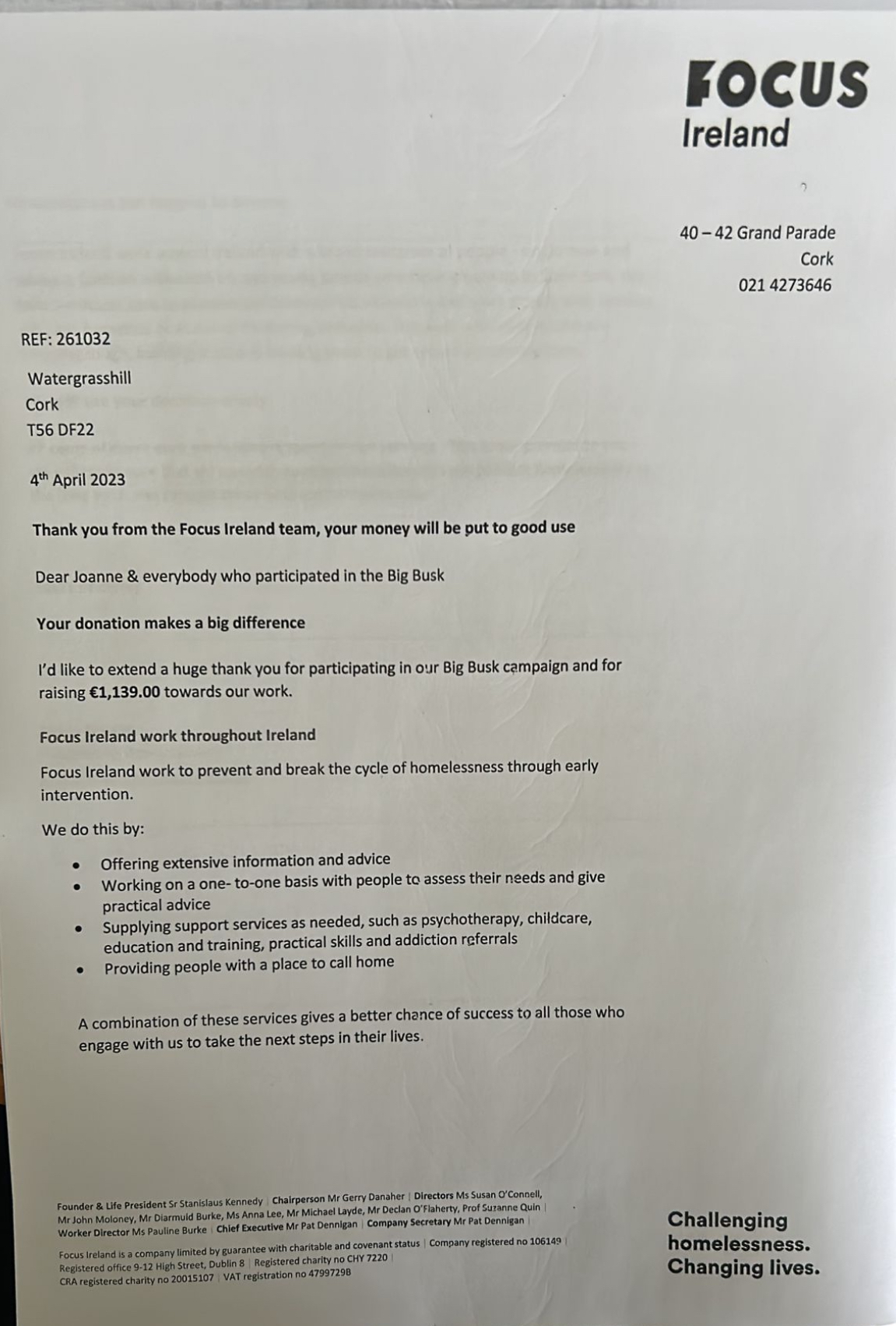 Big Busk 2023 - Thank you letter from Focus Ireland